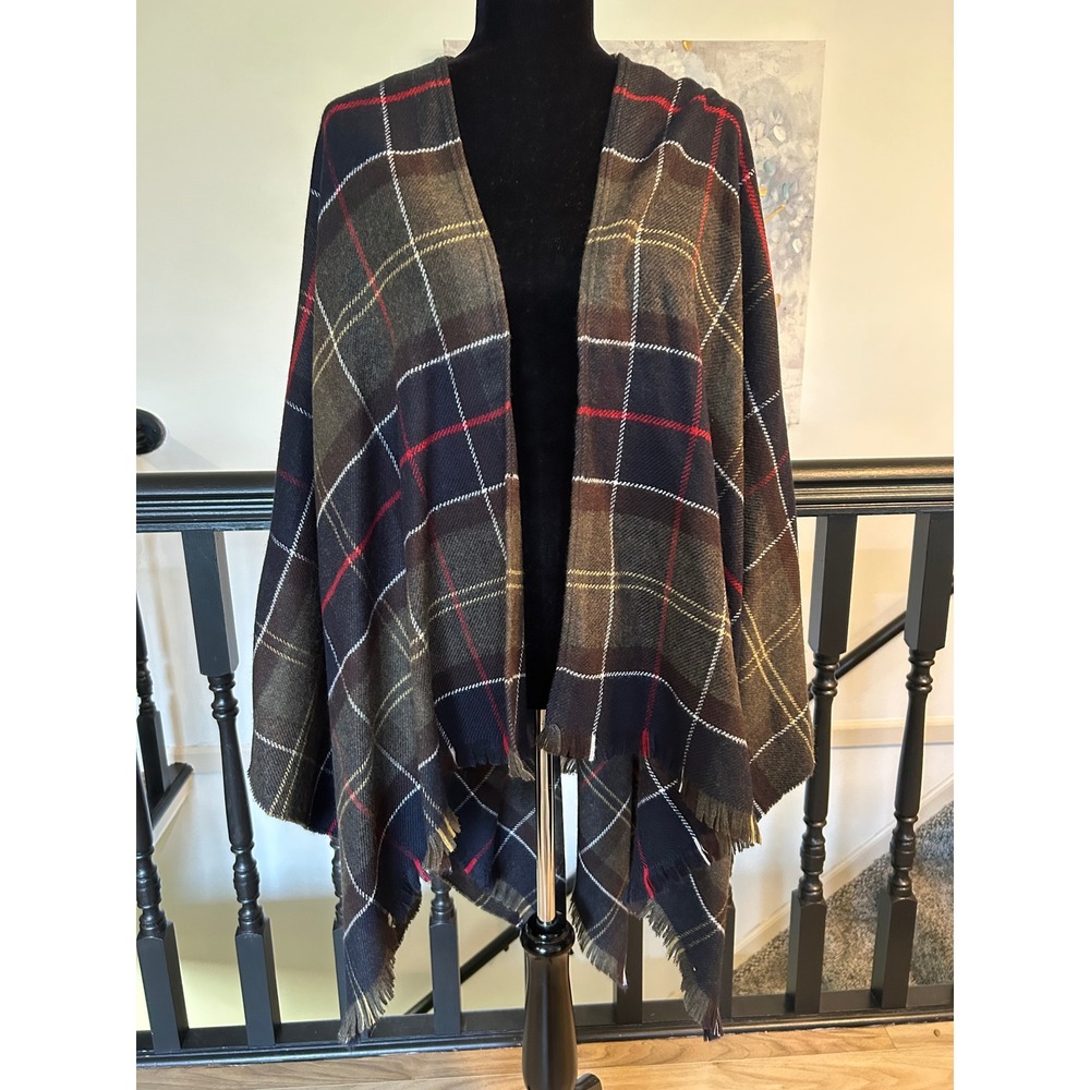 Barbour Tartan Boucle Ruana Wrap Olive Navy Plaid Scarf Shawl One Size